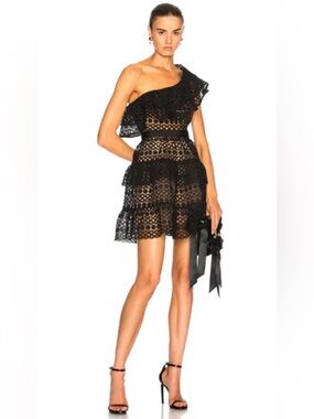 Self-Portrait Guipure Lace One Shoulder Mini Dress Black NWT Size 0